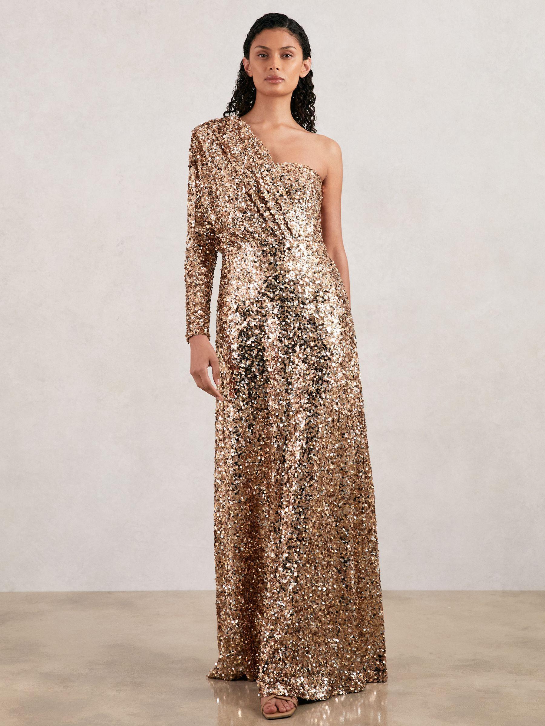 Halston Sequin One Shoulder Maxi Dress in Gold Product Image