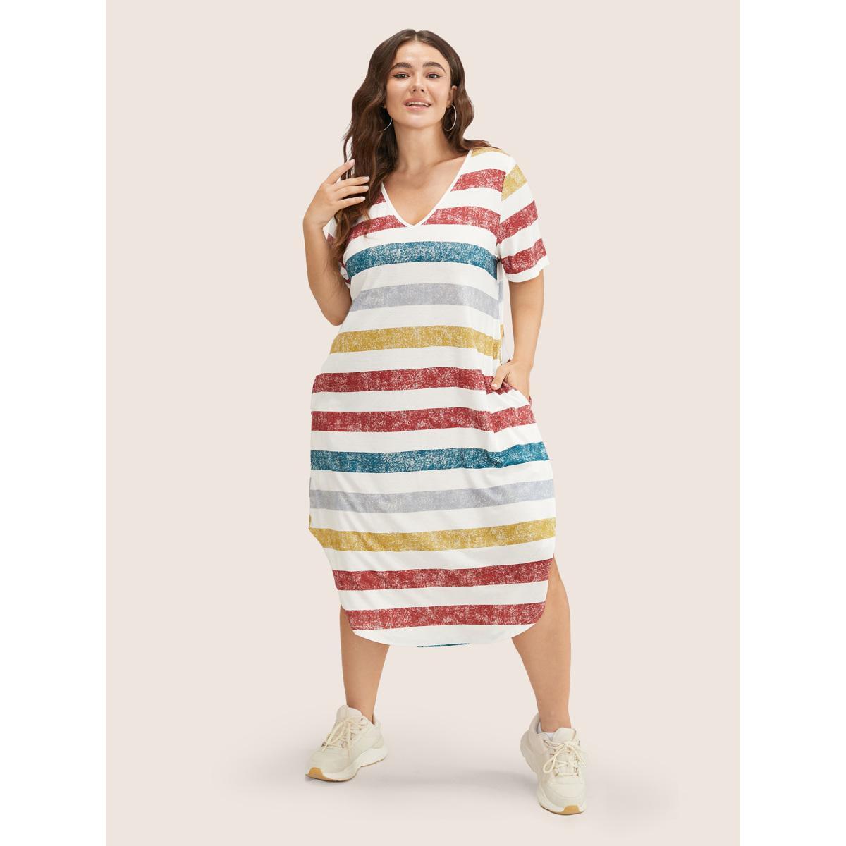 Plus Size Striped Contrast Arc Hem V Neck Pocket Dress Multicolor Women Casual Non V-neck Short sleeve Curvy Midi Dress BloomChic 22-24/3X Product Image