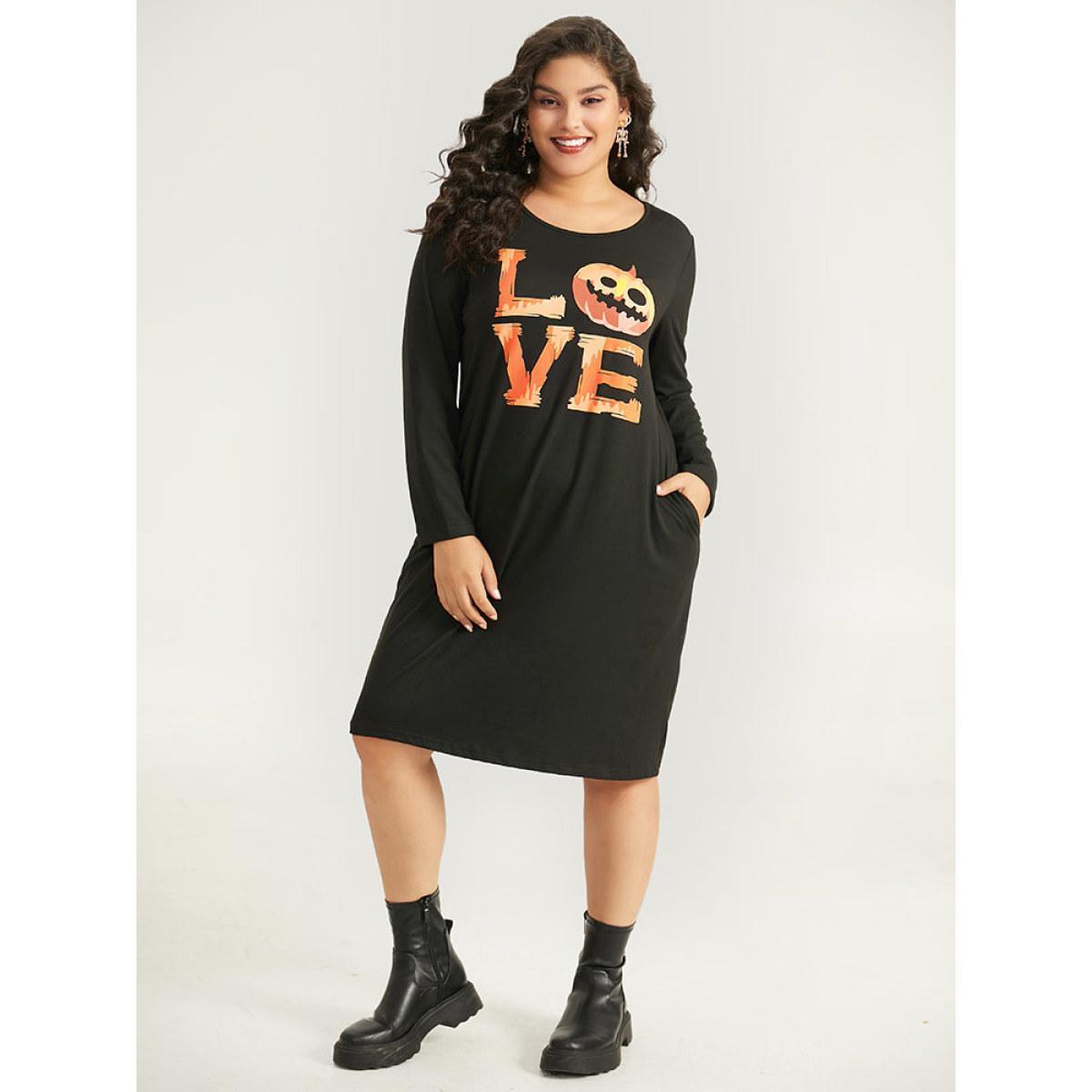 Plus Size Halloween Pumpkin & Letter Print Pocket Lace Panel Dress Black Women Casual Printed Curvy Midi Dress BloomChic 14-16/1X Product Image