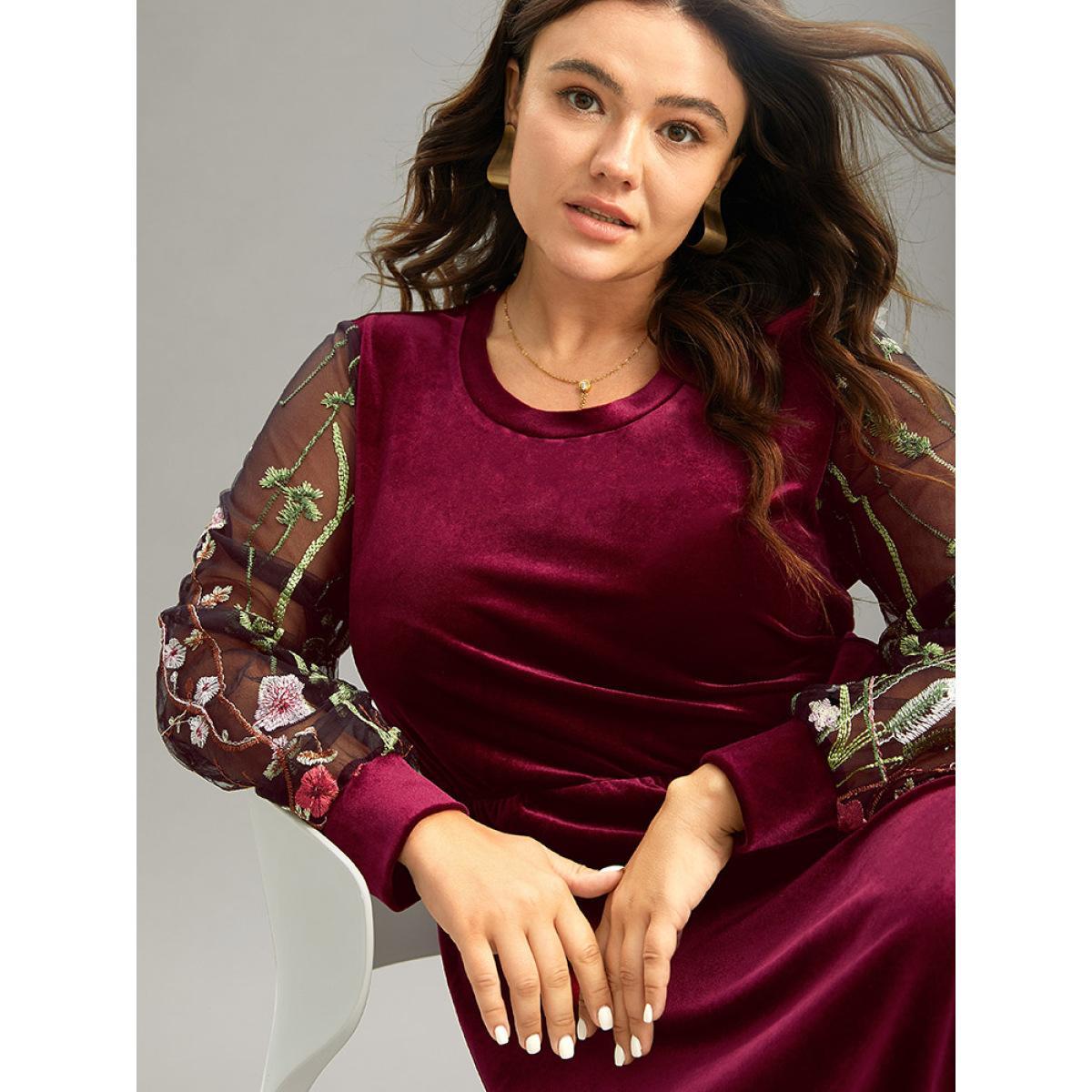 Plus Size Floral Embroidered Patchwork Lace Velvet Mesh Dress Burgundy Women Elegant Velvet Round Neck Long Sleeve Curvy Midi Dress BloomChic 14-16/1X Product Image