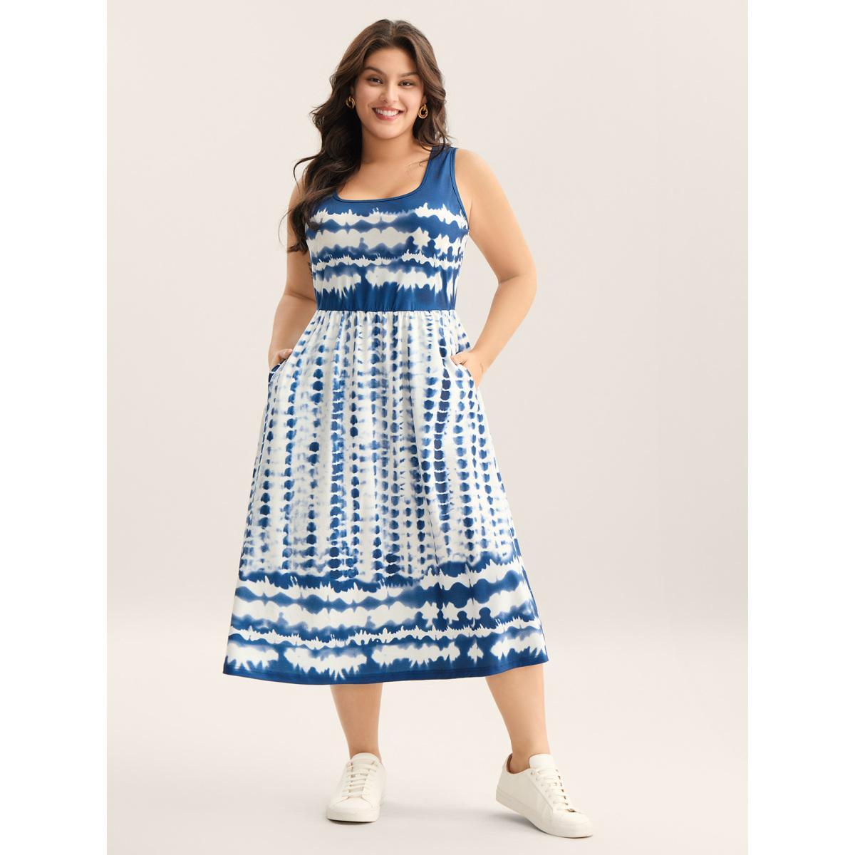Plus Size Tie-Dye Pockets Cami Midi Dress Mediumblue Women Square Neck Sleeveless Curvy BloomChic 14-16/1X Product Image