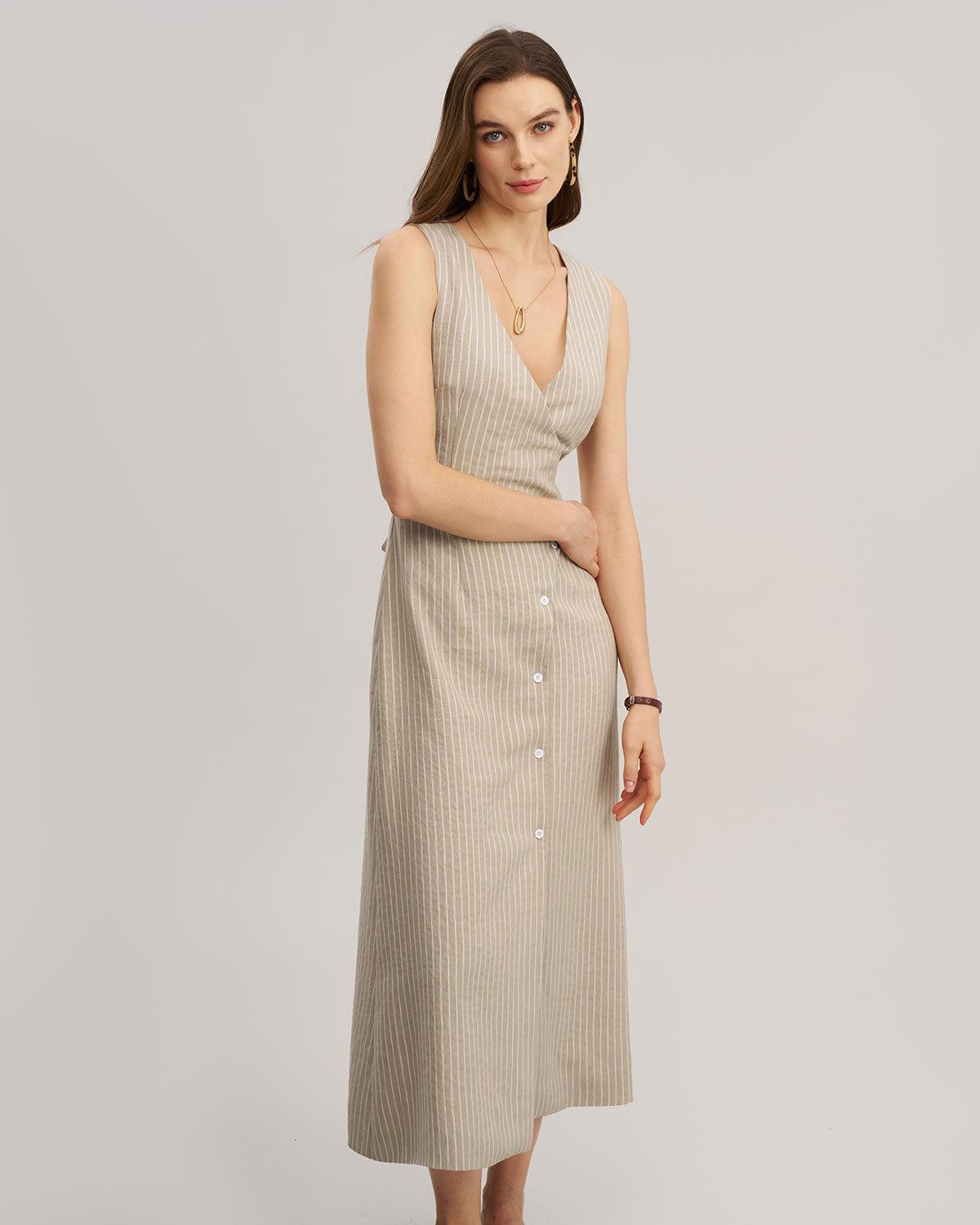 Khaki Striped V-Neck Sleeveless Maxi Dress Product Image