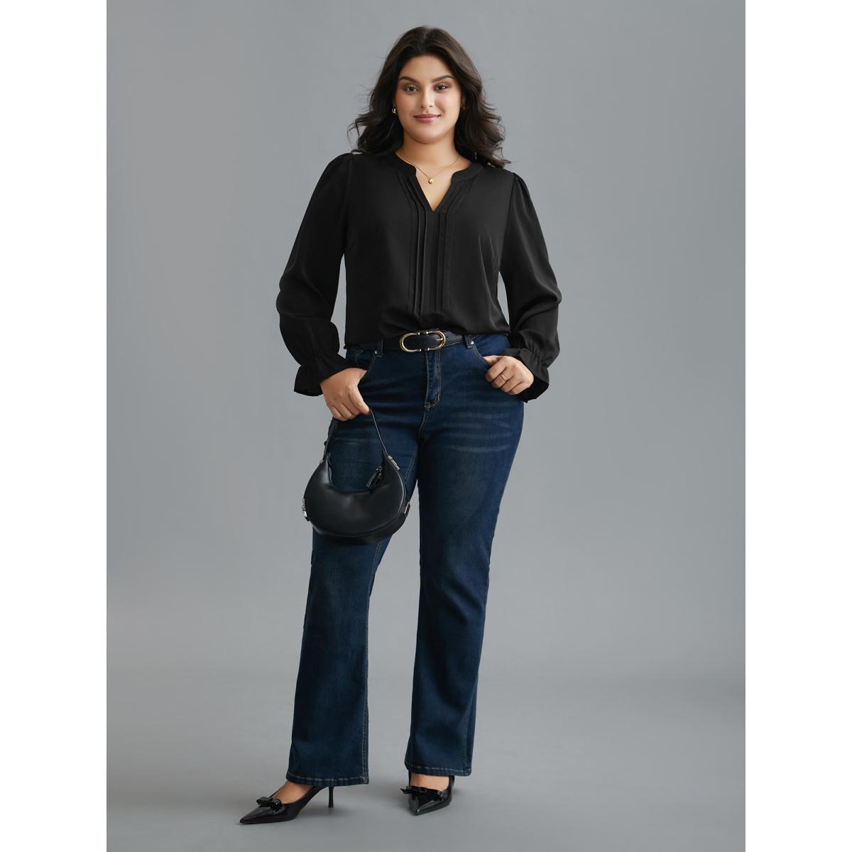 Plus Size Black Notched Collar Pleated Lantern Sleeve Blouse Women At the Office Long Sleeve Notched collar Work Blouses BloomChic 28/5X Product Image