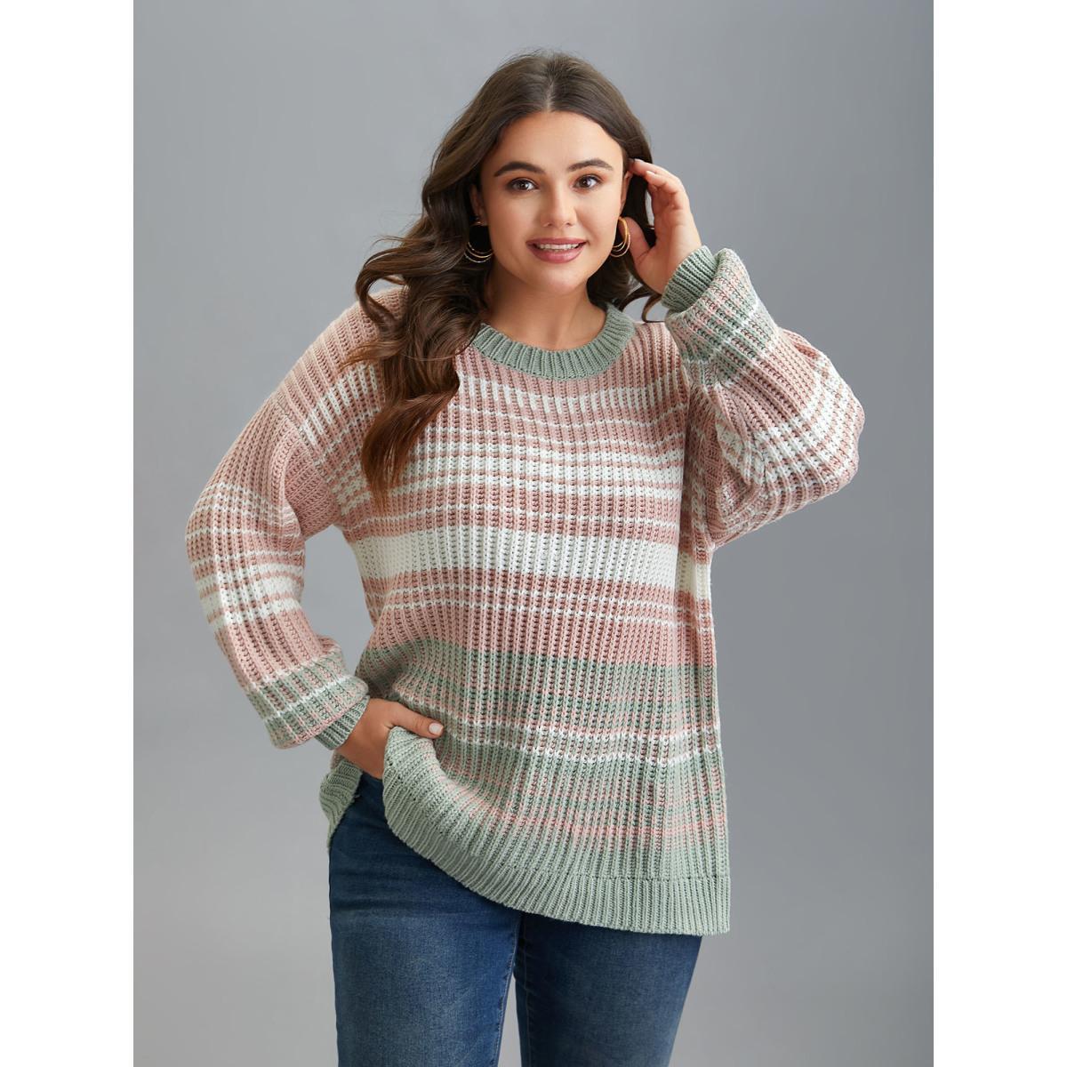 Plus Size Striped Contrast Colors Ribbed Pullover Greenbean Women Casual Loose Long Sleeve Round Neck Everyday Pullovers BloomChic 12/L Product Image
