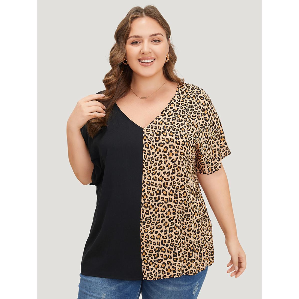 Plus Size Black Leopard Patchwork Dolman Sleeve Blouse Women Elegant Short sleeve V-neck Dailywear Blouses BloomChic 10/M Product Image