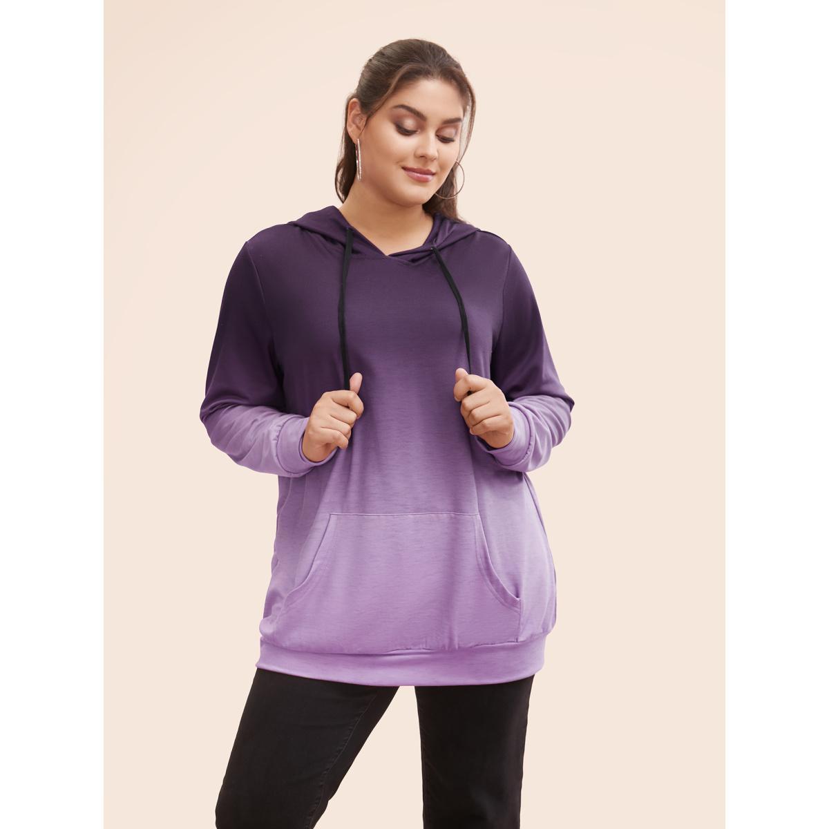 Plus Size Ombre Pocket Drawstring Hooded Sweatshirt Women Purple Casual Elastic cuffs Hooded Everyday Sweatshirts BloomChic 14-16/1X Product Image
