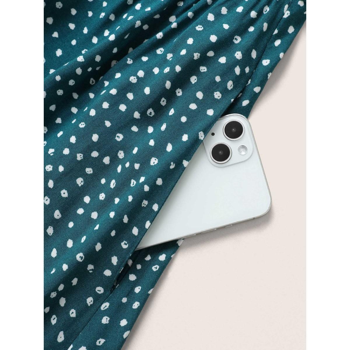 Plus Size Polka Dot Belted Flutter Sleeve Crew Neck Dress Teal Women Elegant Non Round Neck Short sleeve Curvy Midi Dress BloomChic 18-20/2X Product Image