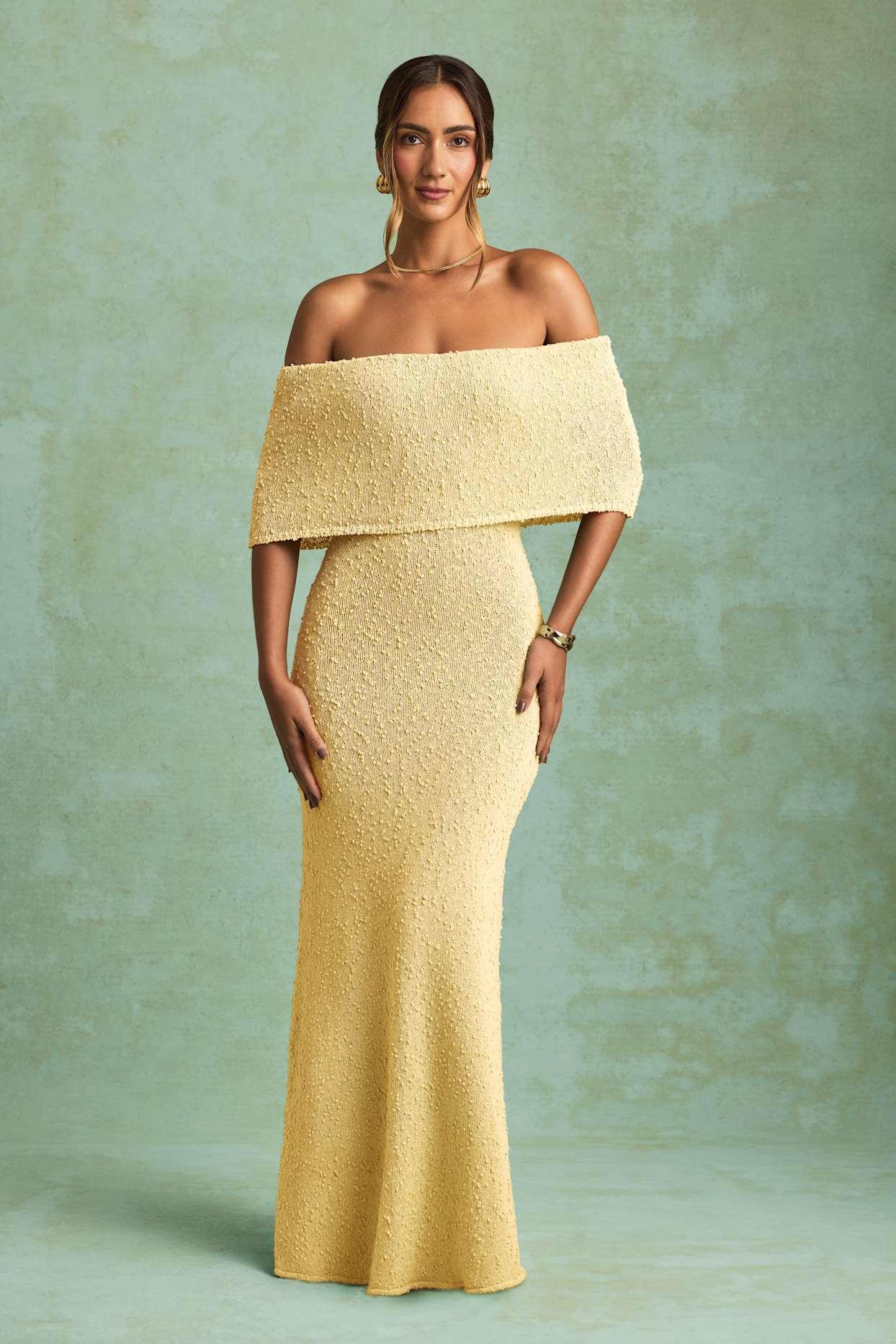 Bouclé Off-Shoulder Maxi Dress in Yellow Product Image