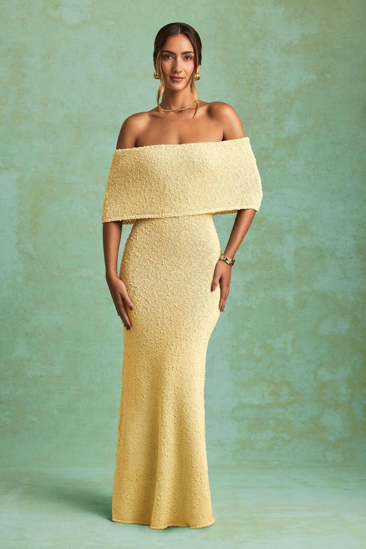 Bouclé Off-Shoulder Maxi Dress in Yellow Product Image