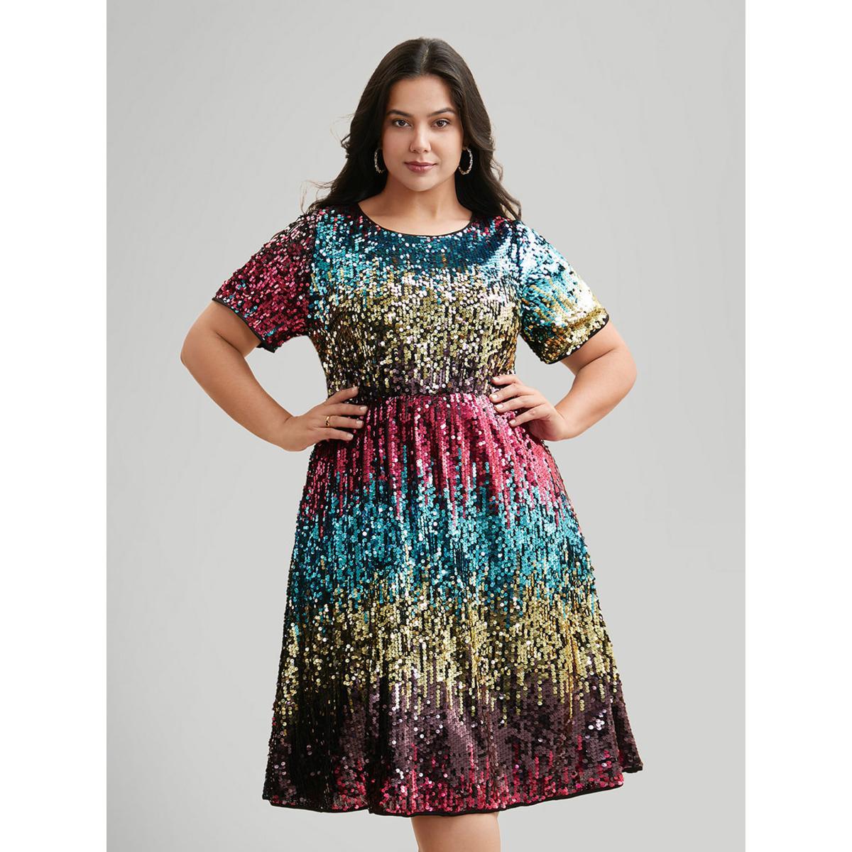 Plus Size Round Neck Ombre Sequin Dress Multicolor Women Cocktail Texture Party Curvy Bloomchic 18-20/2X Product Image