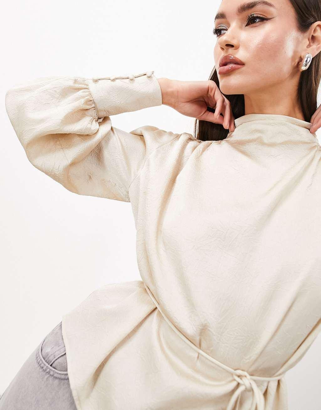 ASOS EDITION hammered satin bold shoulder cropped blouse with removable tie Product Image