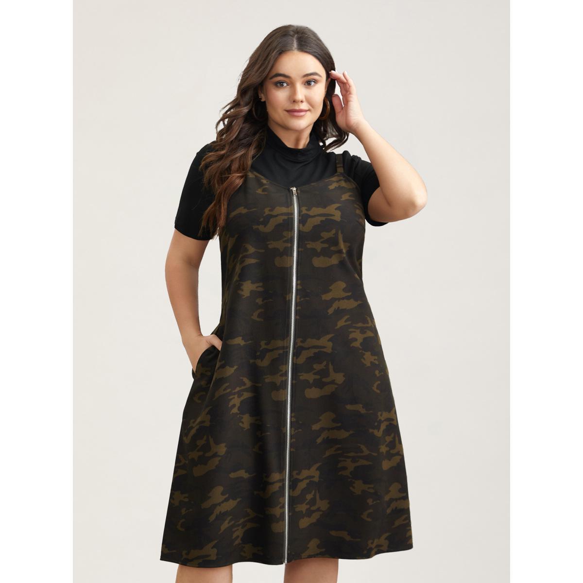 Plus Size Camouflage Print Zipper Front Adjustable Midi Dress ArmyGreen Women Casual Non Non Sleeveless Curvy BloomChic 28/5X Product Image