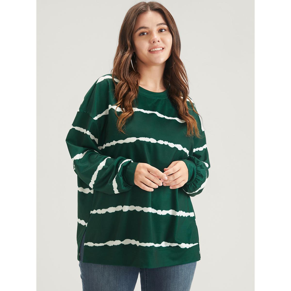 Plus Size Tie Dye Striped Side Split Drop Shoulder Sweatshirt Women Green Casual Tie Dye Loose Round Neck Dailywear Sweatshirts BloomChic 10/M Product Image