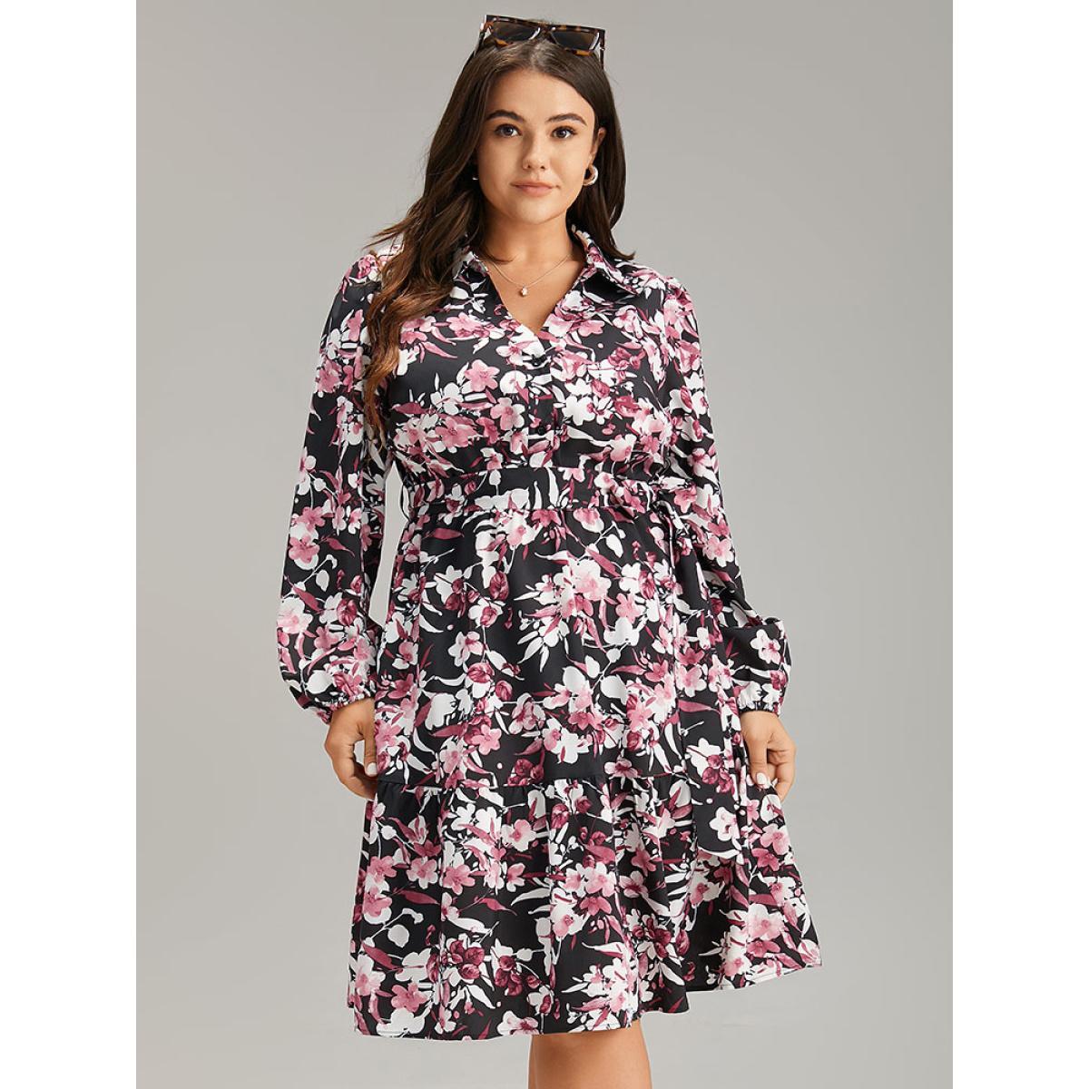 Plus Size Floral Print Belted Shirt Collar Dress Black Women Elegant Elastic cuffs V-neck Long Sleeve Curvy Knee Dress BloomChic 12/L Product Image
