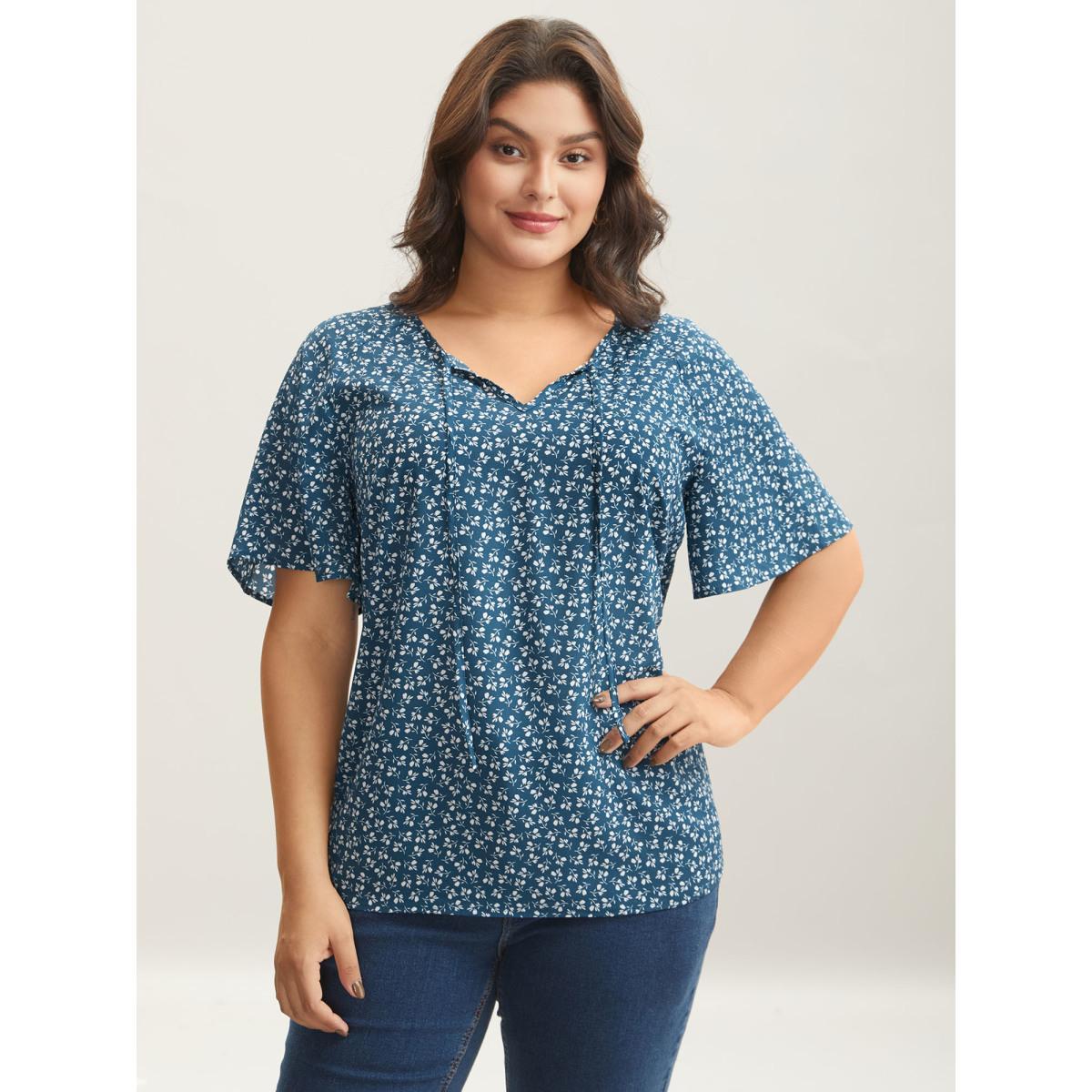 Plus Size Aegean Ditsy Floral Print Half Sleeve Shirt Women Elegant Short sleeve Ribbon-tied collar Everyday Blouses BloomChic 30/6X Product Image