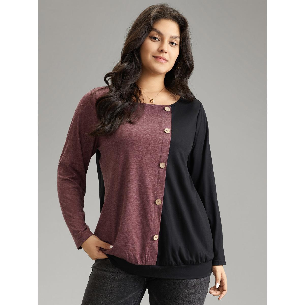 Plus Size Two Tone Round Neck Button Detail T-shirt Black Women Casual Contrast Plain Round Neck Dailywear T-shirts BloomChic 28/5X Product Image