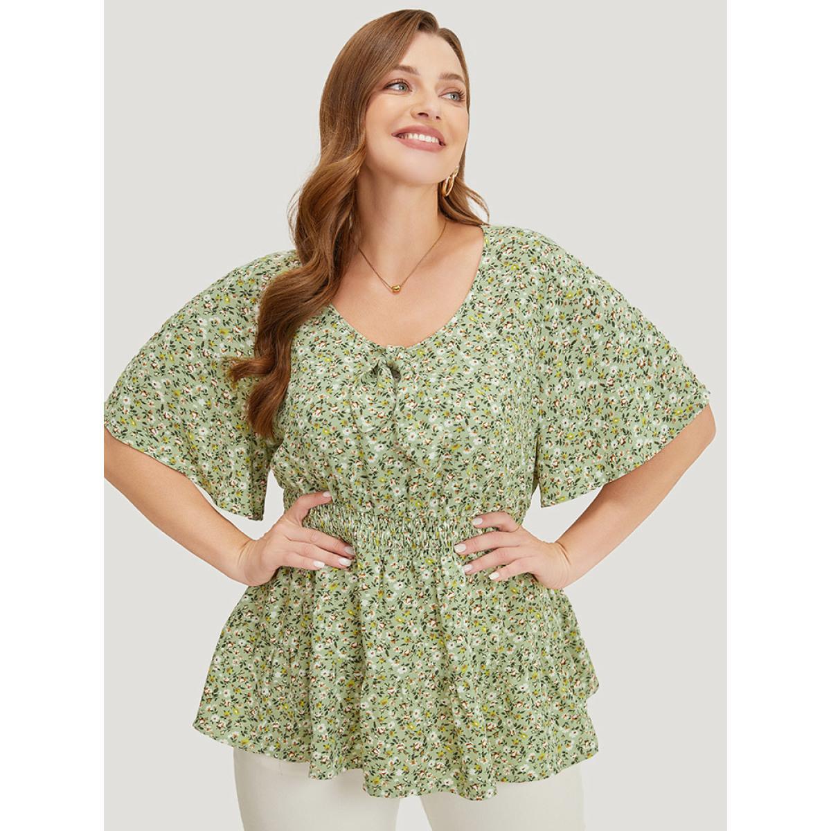 Plus Size Sage Ditsy Floral Knotted Crew Neck Shirred Ruffle Sleeve Blouse Women Elegant Short sleeve Round Neck Dailywear Blouses BloomChic 18-20/2X Product Image