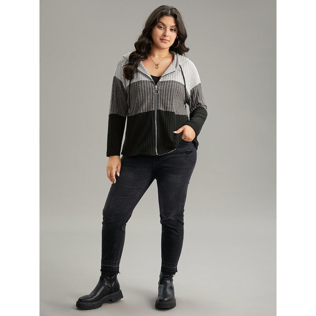 Plus Size Colorblock Contrast O Ring Zipper Jacket Women Gray Contrast Dailywear Jackets BloomChic 10/M Product Image