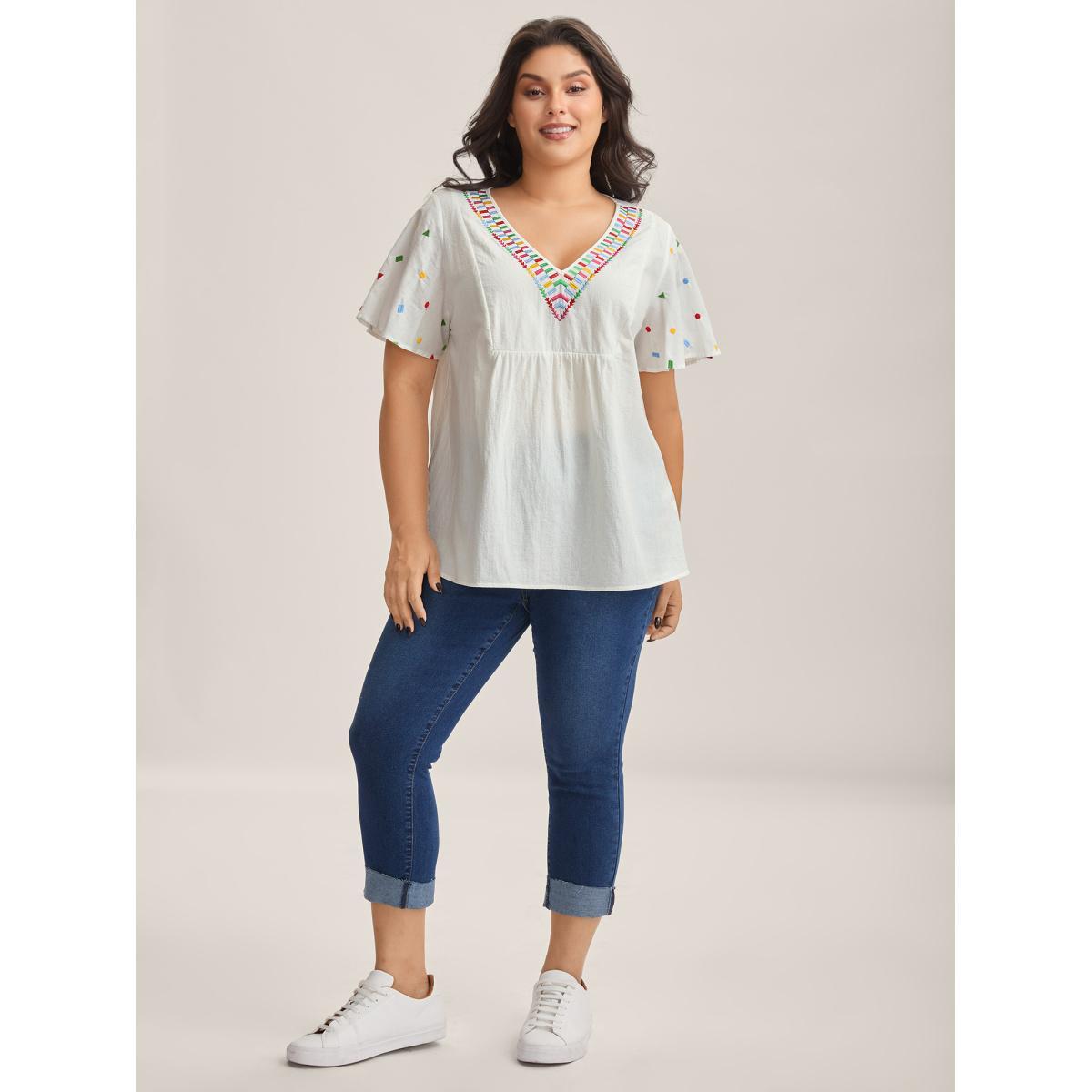 Plus Size Originalwhite Cotton Colorful Embroidery V-Neck Solid Blouse Women Short sleeve V-neck Everyday-Casual Blouses BloomChic 18-20/2X Product Image