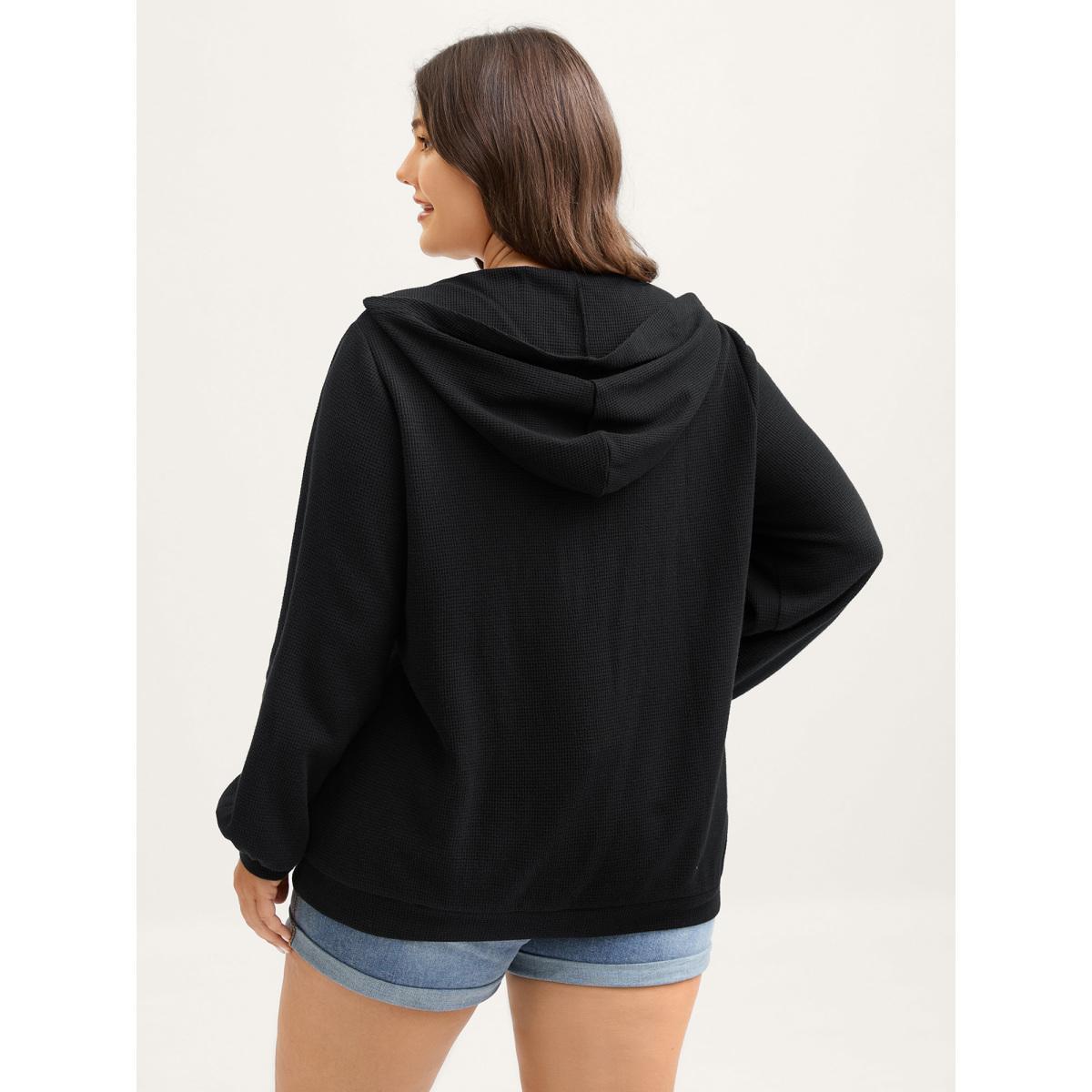 Plus Size Textured Snap Buttons Hooded Sweatshirt Women Black Texture Hooded Everyday-Casual Sweatshirts BloomChic 12/L Product Image