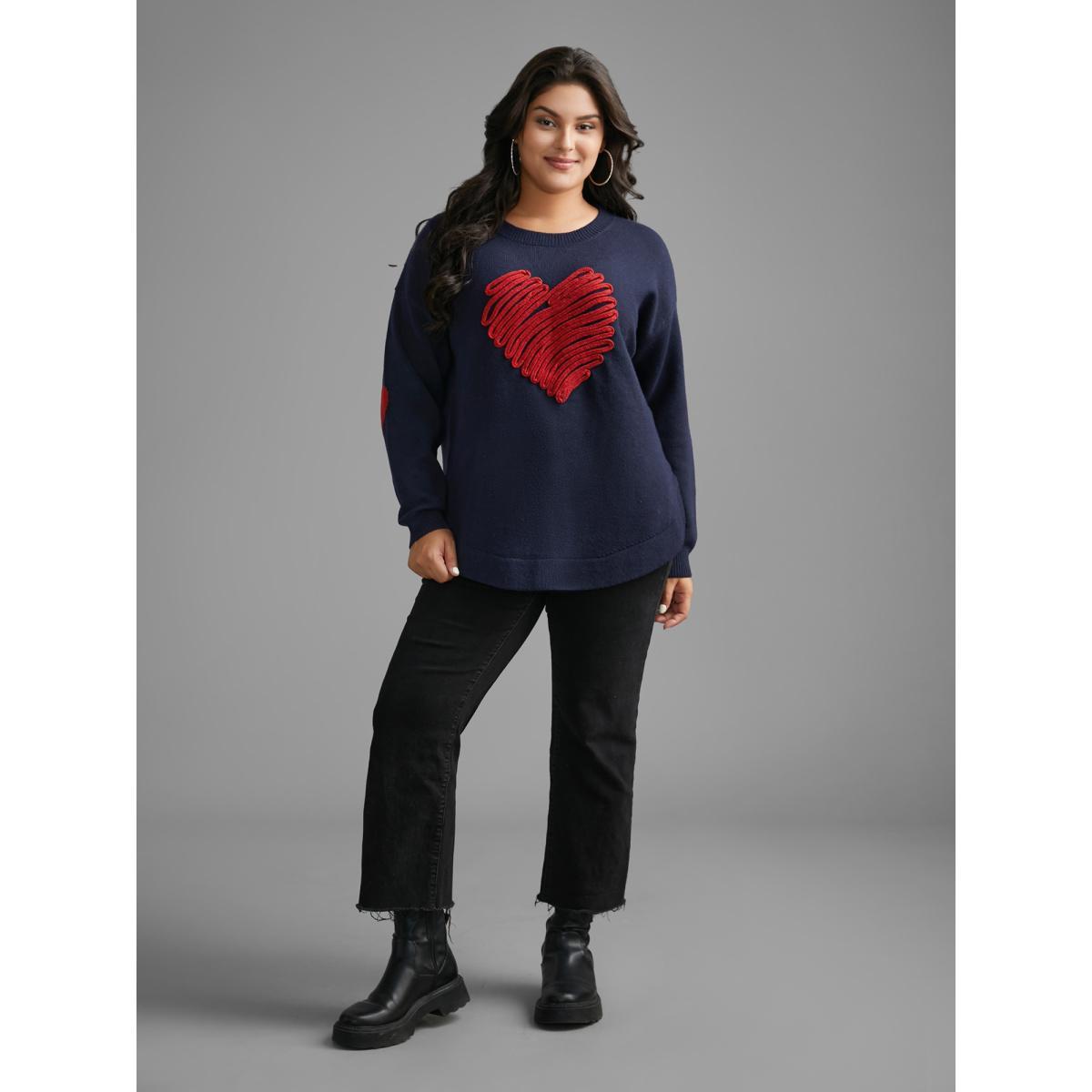 Plus Size Supersoft Heart Pattern Cardigan Indigo Women Casual Loose Long Sleeve Round Neck Everyday Pullovers BloomChic 12/L Product Image