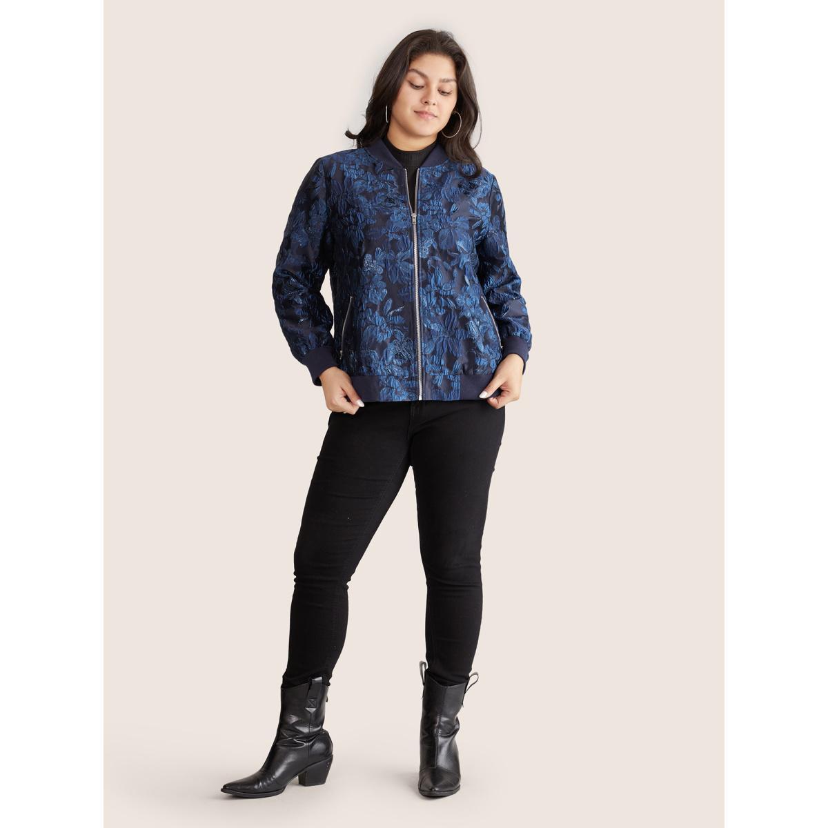 Plus Size Floral Patchwork Zipper Jacquard Jacket Women Indigo Elastic cuffs Pocket Everyday Jackets BloomChic 22-24/3X Product Image