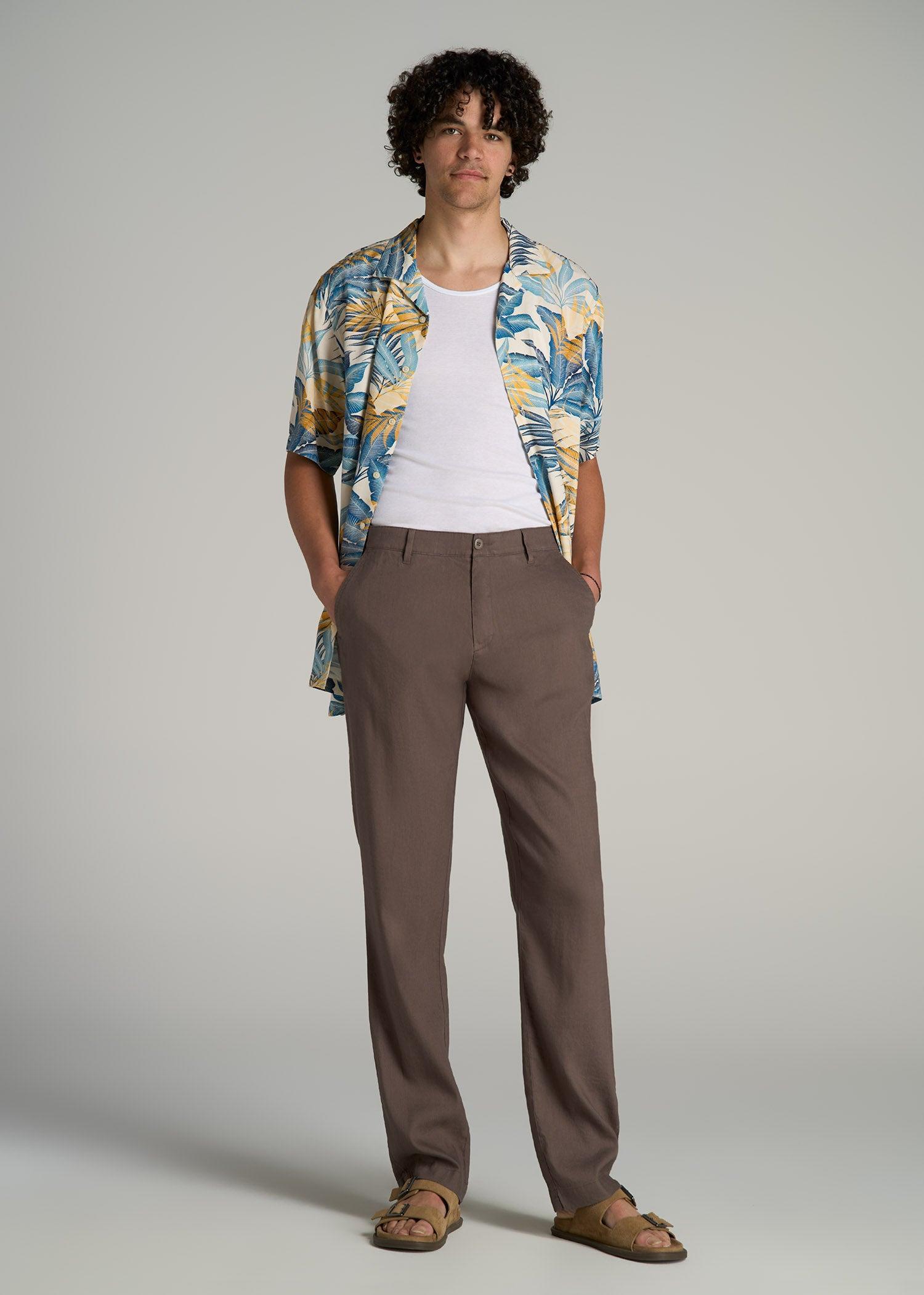 Garment Dyed Linen Casual Pants for Tall Men in Washed Brown Product Image