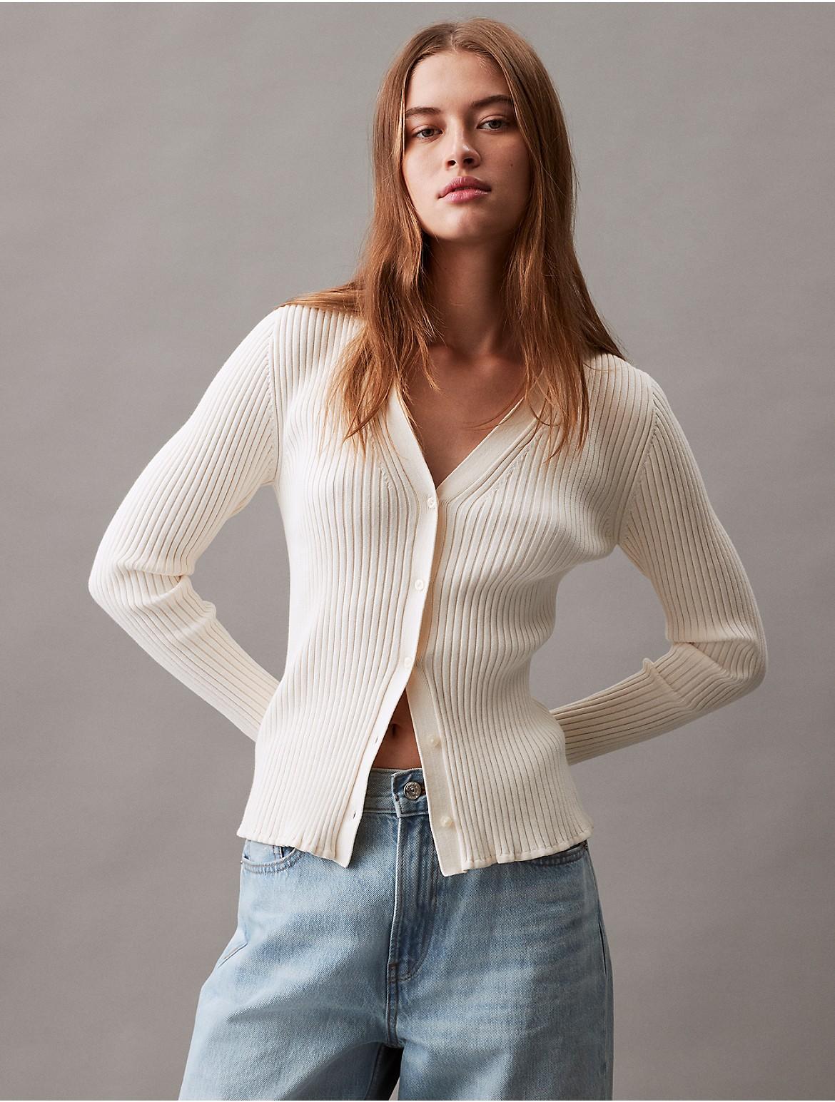 Calvin Klein Women's Smooth Cotton Rib Sweater Cardigan - Grey - S Product Image