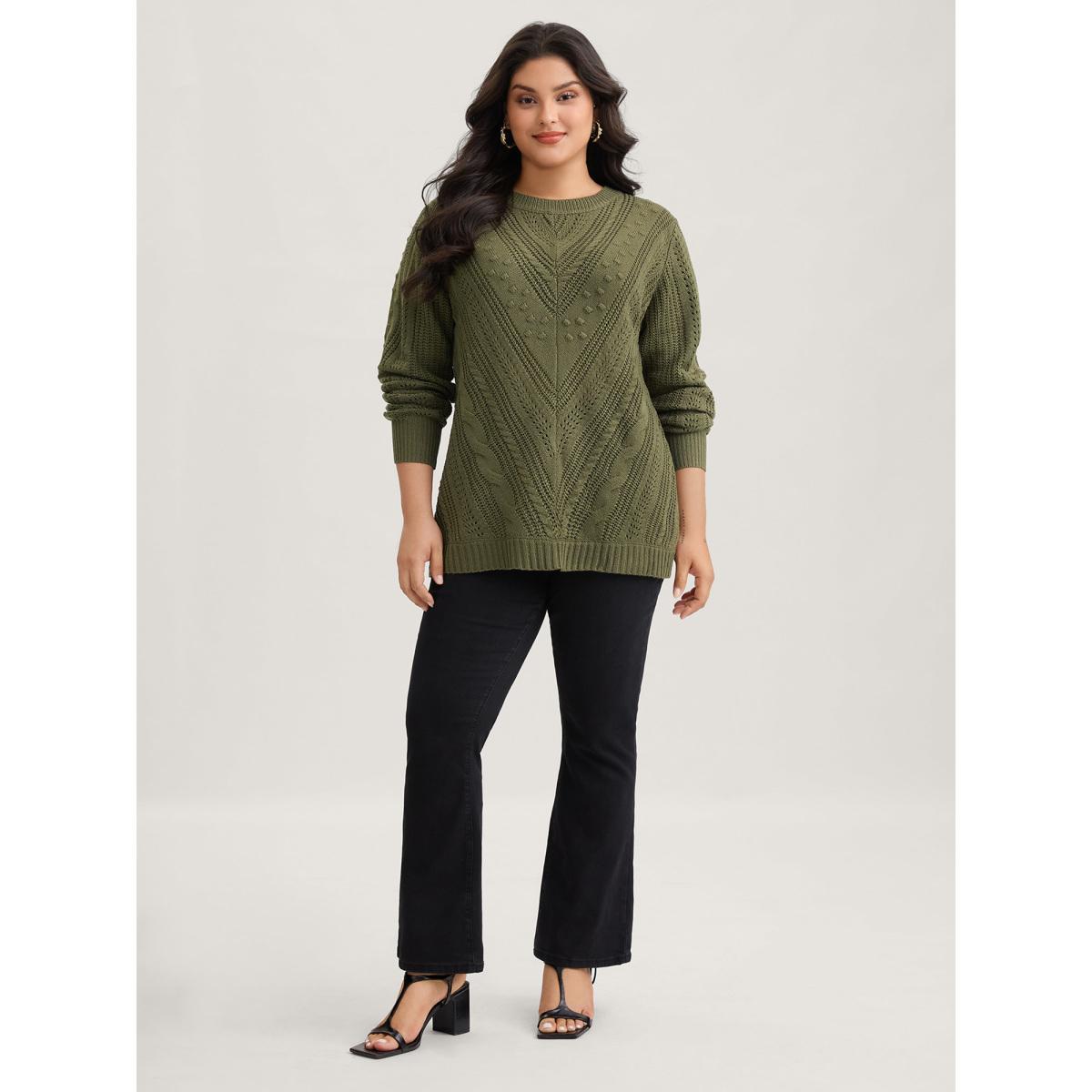 Plus Size Solid Round Neck Cable Knit Pullover ArmyGreen Women Casual Long Sleeve Round Neck Everyday Pullovers BloomChic 18-20/2X Product Image