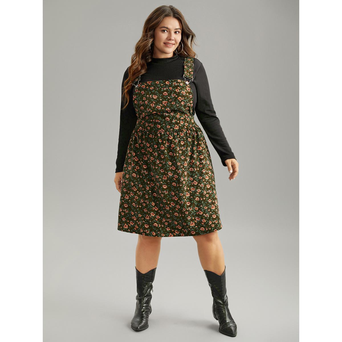 Plus Size Corduroy Ditsy Floral Pocket Adjustable Straps Dress Bronze Women Casual Adjustable Straps Spaghetti Strap Sleeveless Curvy Knee Dress BloomChic 26/4X Product Image