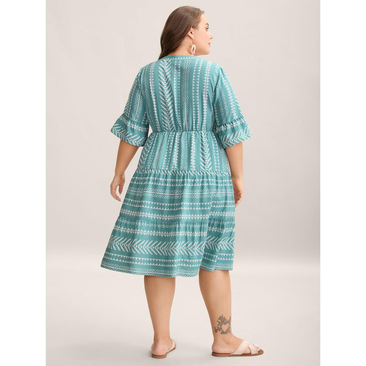 Plus Size Boho Stripe Print Stretchy Waist Midi Dress Turquoise Women Resort Button Flat collar with V-notch Half Sleeve Curvy BloomChic 12/L Product Image