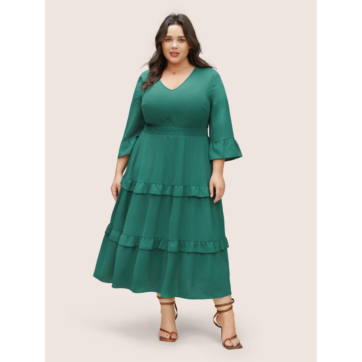 Plus Size Plain Shirred Flutter Layered Hem Dress Emerald Women Elegant Non V-neck Elbow-length sleeve Curvy Midi Dress BloomChic 10/M Product Image