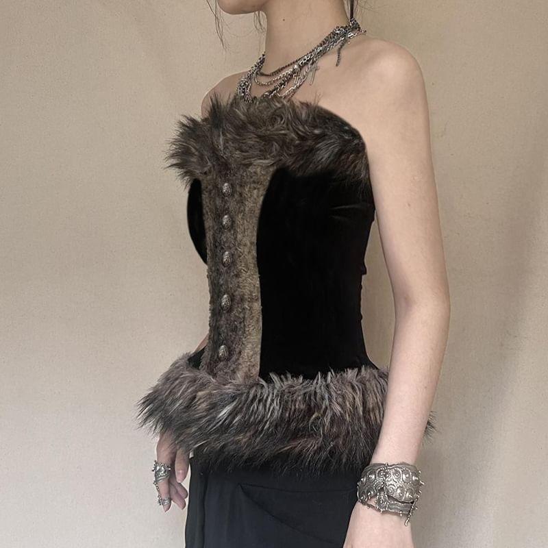 Faux Fur Trim Color-Block Tube Top Product Image