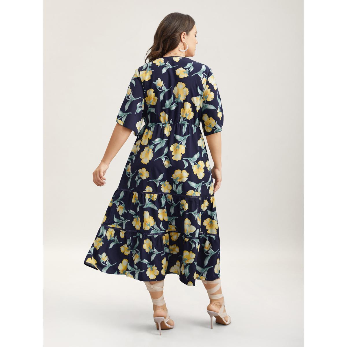 Plus Size Spring Flowers V-Neck Tiered Midi Dress Indigo Women Elegant Overlapping V-neck Half Sleeve Curvy BloomChic 26/4X Product Image