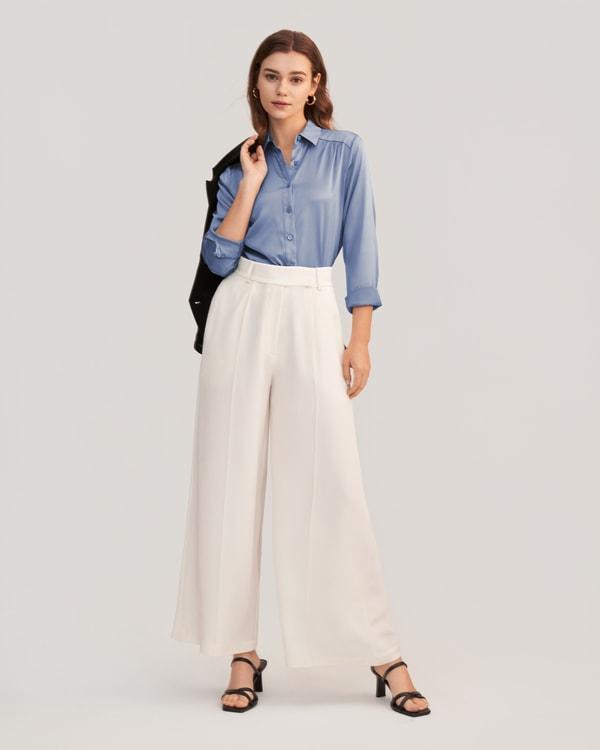 Long Sleeves Collared Silk Blouse Product Image