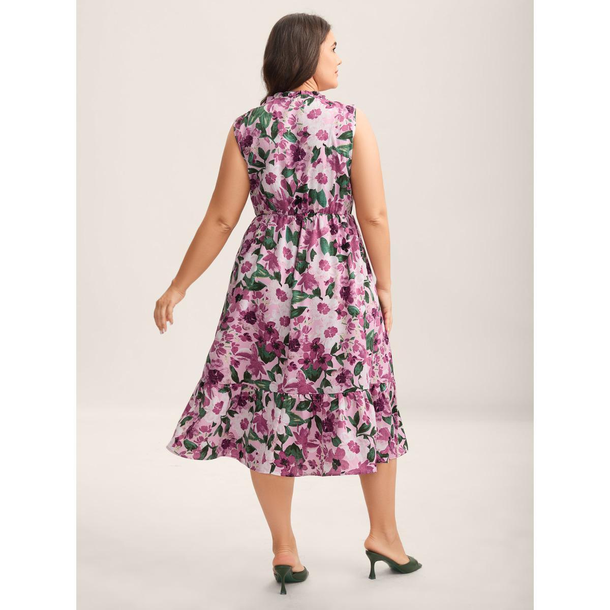 Plus Size Floral Print Cinched-Waist Pockets Midi Dress Lilac Women Notched collar Sleeveless Curvy BloomChic 18-20/2X Product Image