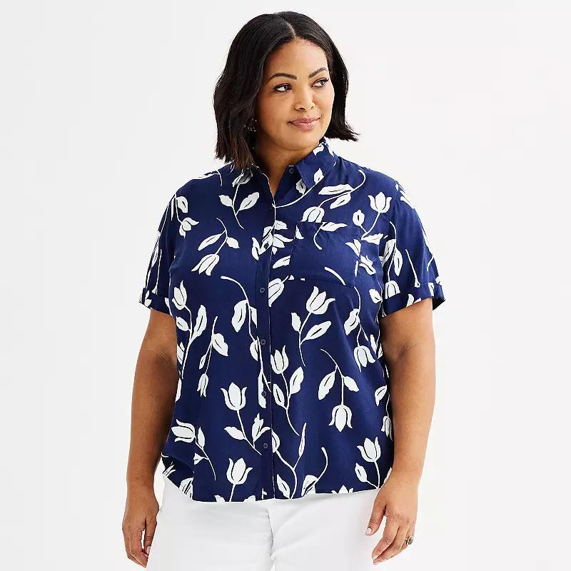 Plus Size Croft & Barrow® Camp Shirt, Women's, Size: 0X, Orange Painted Blooms Product Image