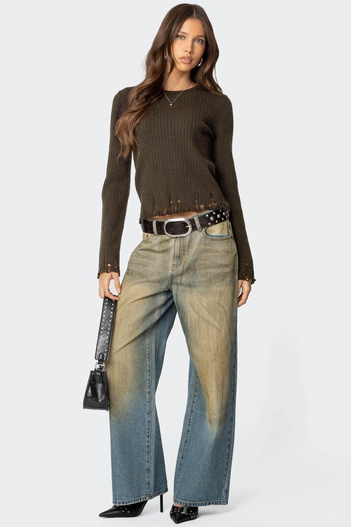 Distressed Ribbed Knit Sweater Product Image