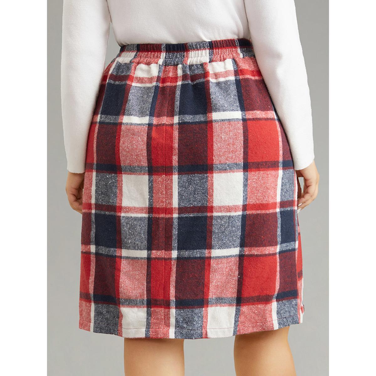 Plus Size Plaid Button Detail Patched Pocket Skirt Women Raspberry Office Elastic Waist Bodycon No stretch Pocket Work Skirts BloomChic 28/5X Product Image
