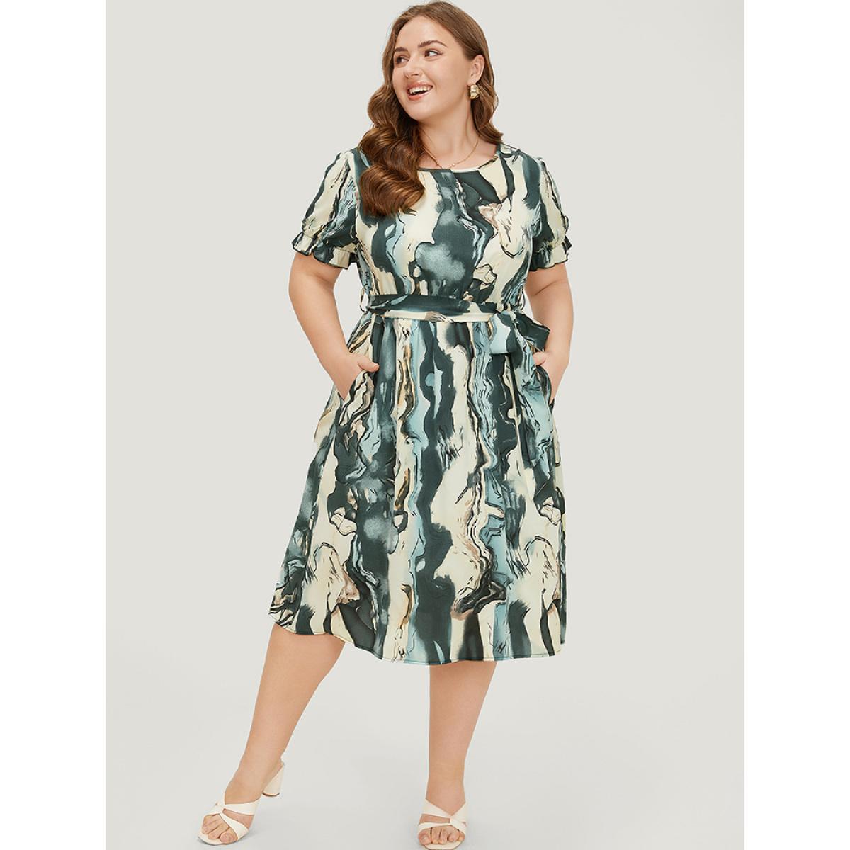 Plus Size Water Ripple Pocket Belt Puff Sleeve Dress Multicolor Women Elegant Round Neck Short sleeve Curvy Midi Dress BloomChic 12/L Product Image