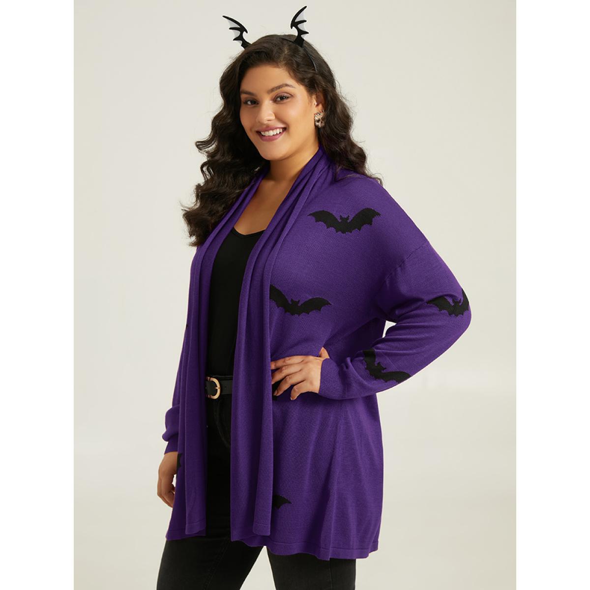 Plus Size Supersoft Essentials Halloween Bat Pattern Lapel Collar Cardigan Blackcurrant Women Casual Loose Long Sleeve Festival-Halloween Cardigans BloomChic 26/4X Product Image