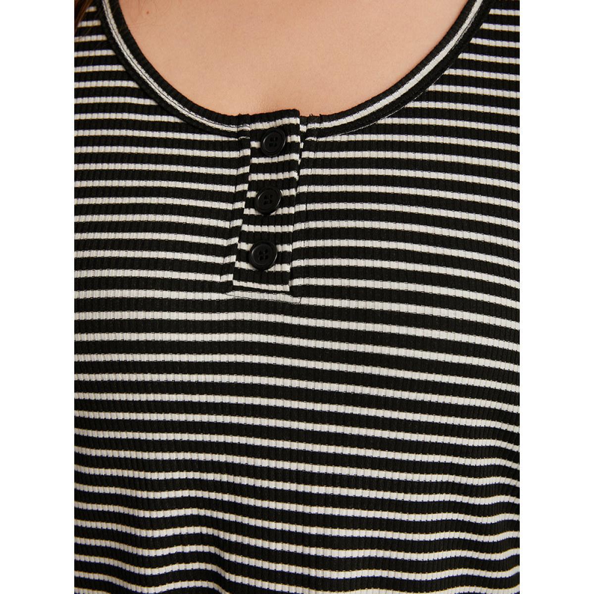 Plus Size Striped Button Up Curved Hem Patchwork T-shirt Black Women Casual Elastic cuffs Striped Open Front Dailywear T-shirts BloomChic 26/4X Product Image