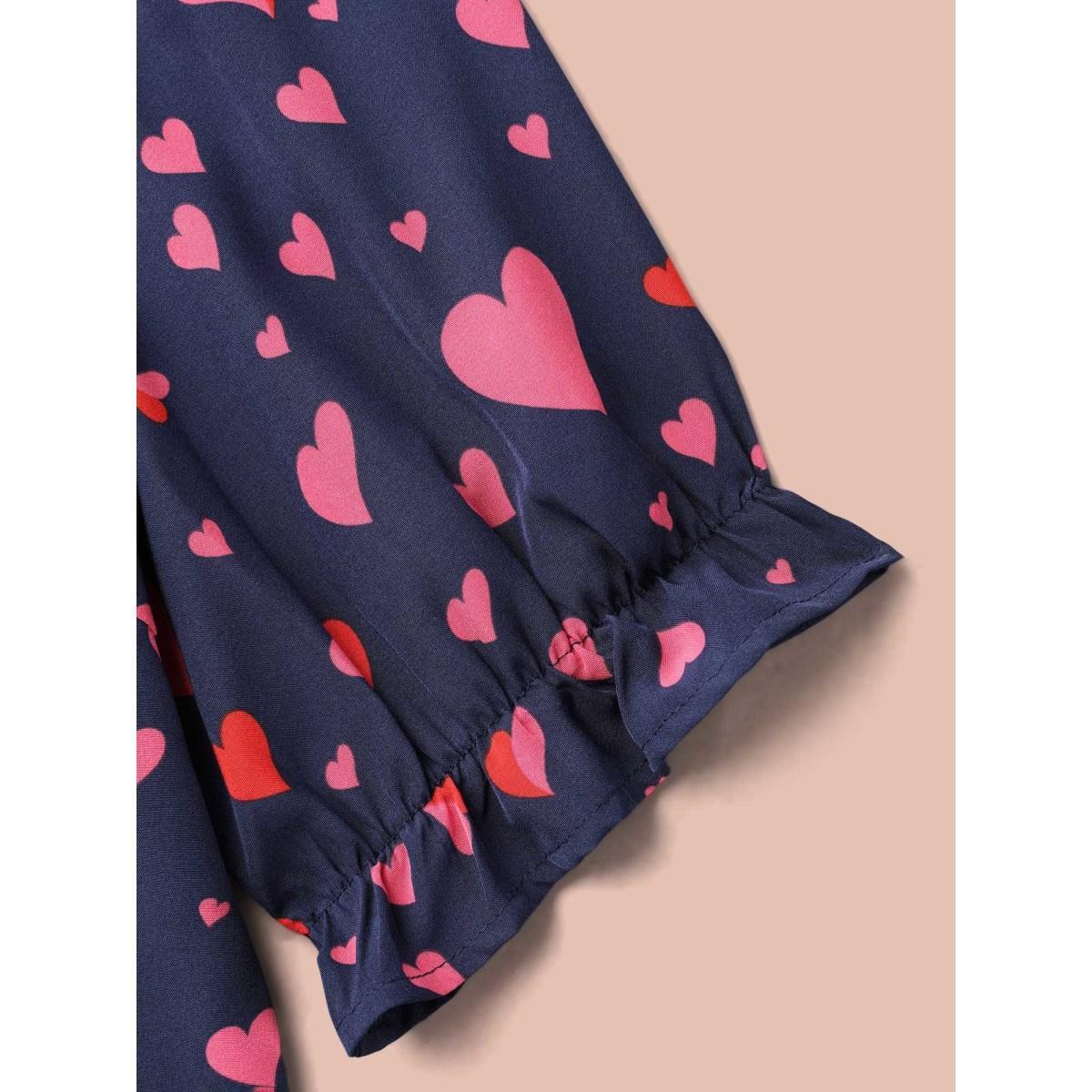 Plus Size Indigo Heart Pattern Button Detail Ruffle Blouse Women Elegant Short sleeve V-neck Everyday Blouses BloomChic 26/4X Product Image