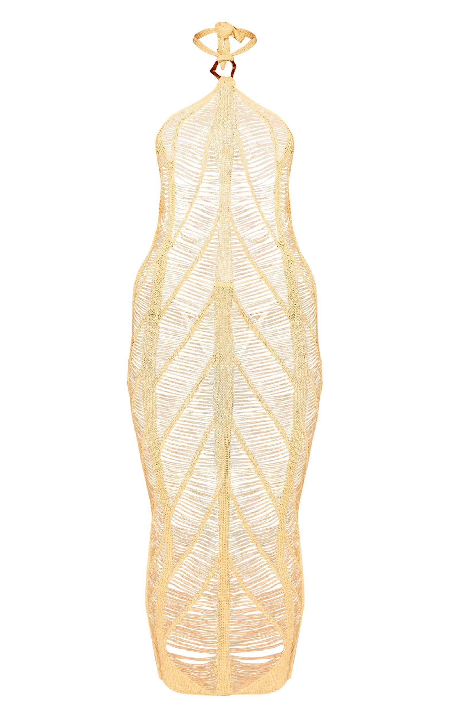 Yellow Laddered Crochet Gold Trim Maxi Beach Dress Product Image