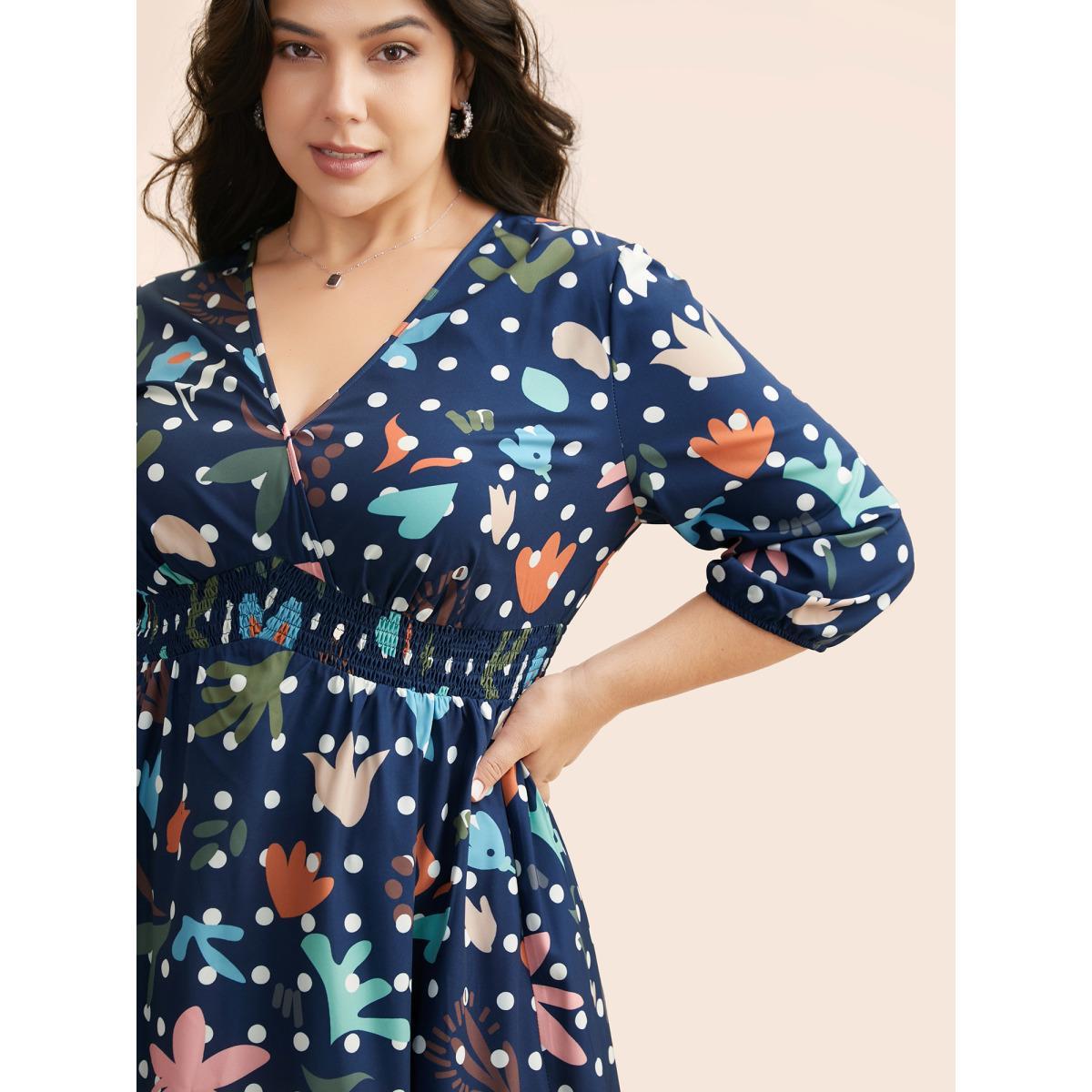 Plus Size Overlap Collar Polka Dot Floral Shirred Dress Multicolor Women Elegant Shirred Overlap Collar Elbow-length sleeve Curvy BloomChic 30/6X Product Image