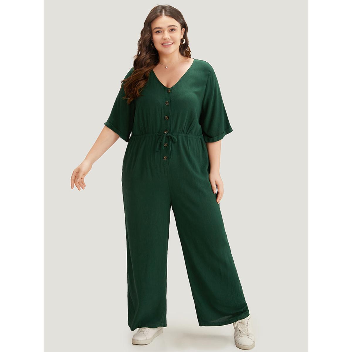 Plus Size Cyan Plain Textured V Neck Pocket Button Through Drawstring Jumpsuit Women Casual Half Sleeve V-neck Dailywear Loose Jumpsuits BloomChic 14-16/1X Product Image