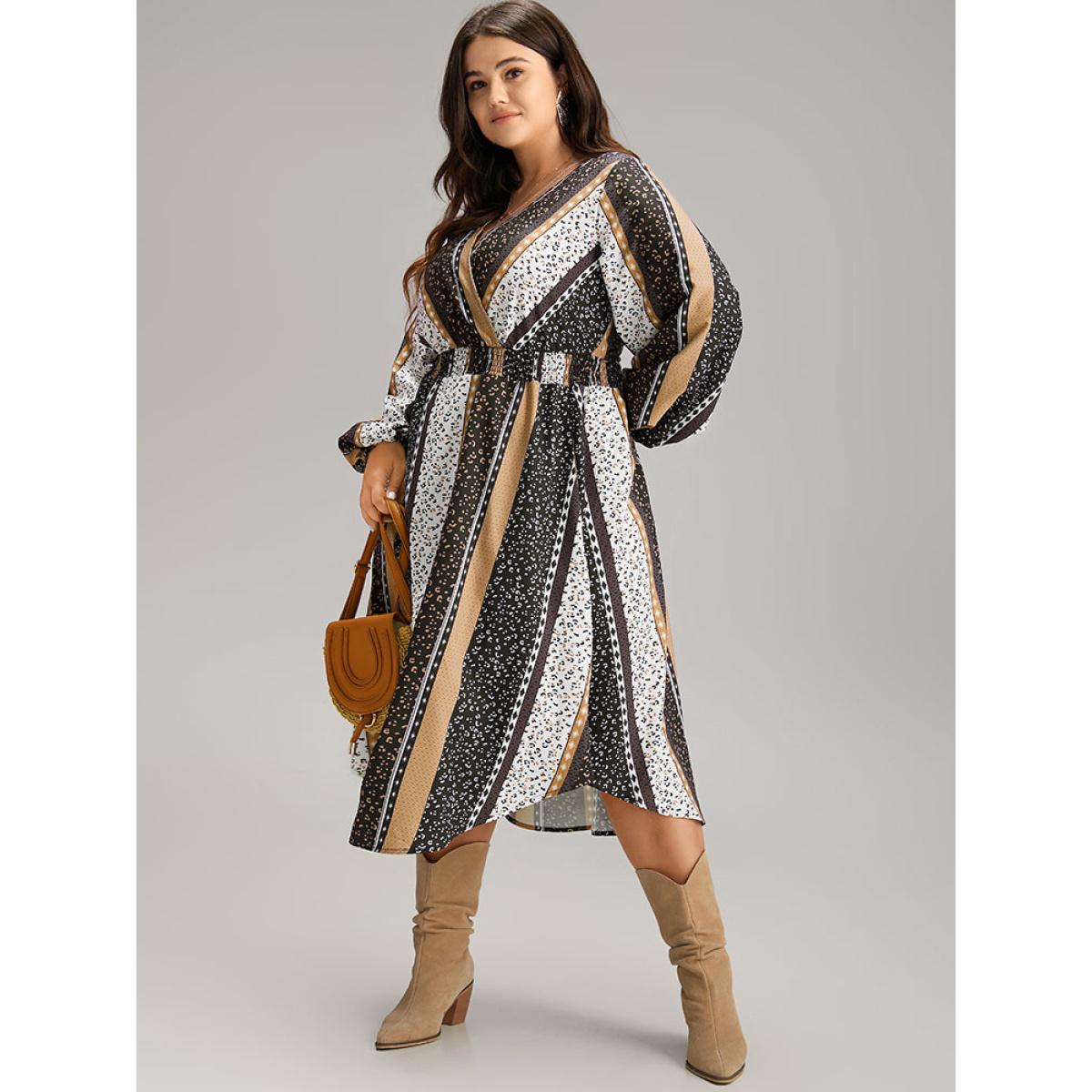 Plus Size Boho Print Striped Shirred Wrap Dress Leopard Women Vacation Elastic cuffs V-neck Long Sleeve Curvy Midi Dress BloomChic 12/L Product Image