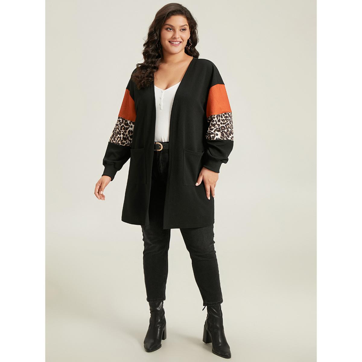 Plus Size Halloween Leopard Patchwork Rib Knit Patched Pocket Kimono Women Multicolor Casual Elastic cuffs Pocket Dailywear Kimonos BloomChic 10/M Product Image