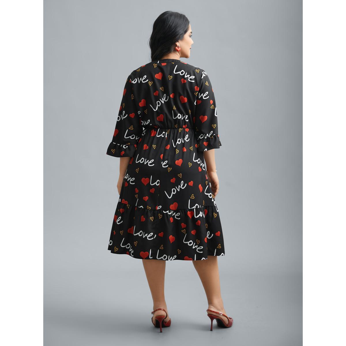 Plus Size Notched Collar Heart Print Tiered Midi Dress Black Women Elegant Non Flat collar with V-notch Elbow-length sleeve Curvy BloomChic 18-20/2X Product Image