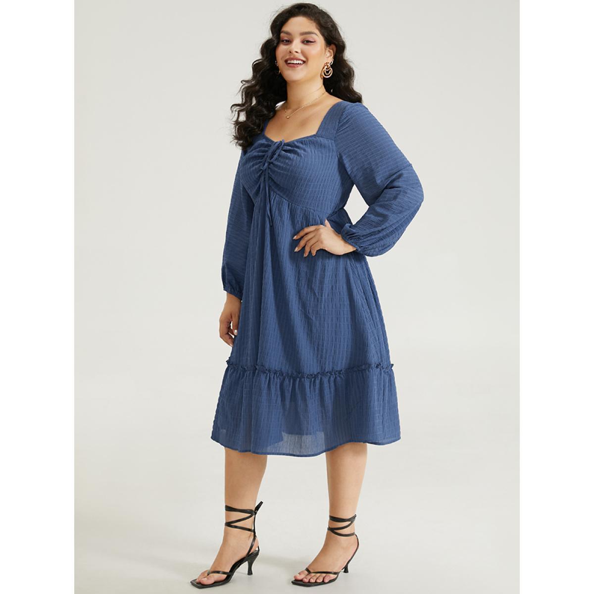 Plus Size Solid Plisse Ties Frill Trim Ruched Dress Cerulean Women Elegant Elastic cuffs Tie Neck Long Sleeve Curvy Midi Dress BloomChic 30/6X Product Image